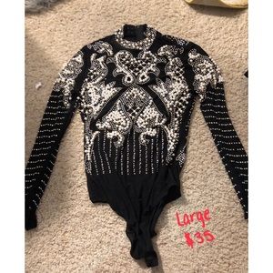 Rhinestone and pearl shear bodysuit